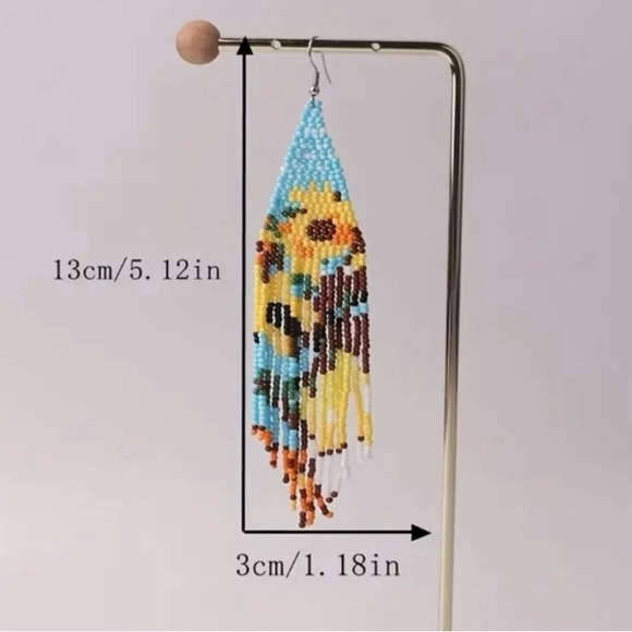 Color Block Bead Tassel Drop Earrings Bohemian Flower Fringe Dangle Earrings - Picture 3 of 3